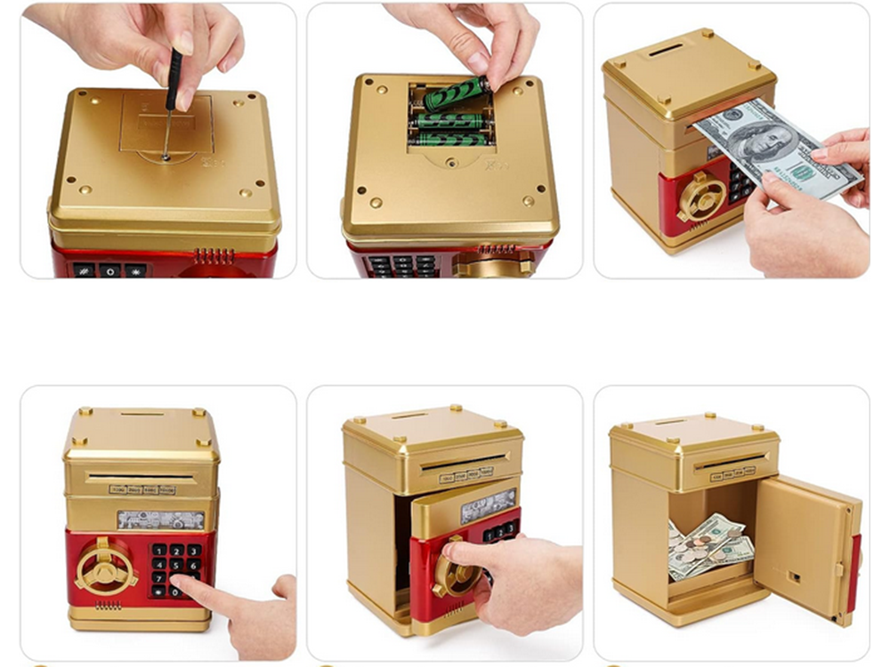 Piggy Bank Toy Box for Money with Fingerprint and Password, Gold