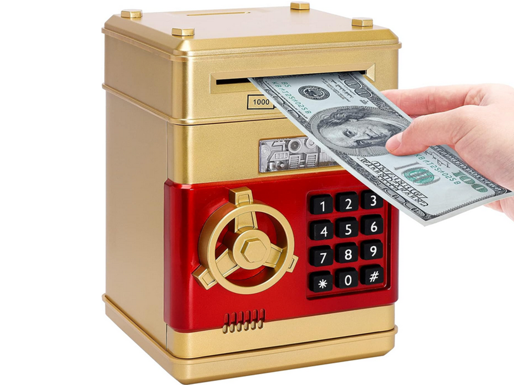Piggy Bank Toy Box for Money with Fingerprint and Password, Gold