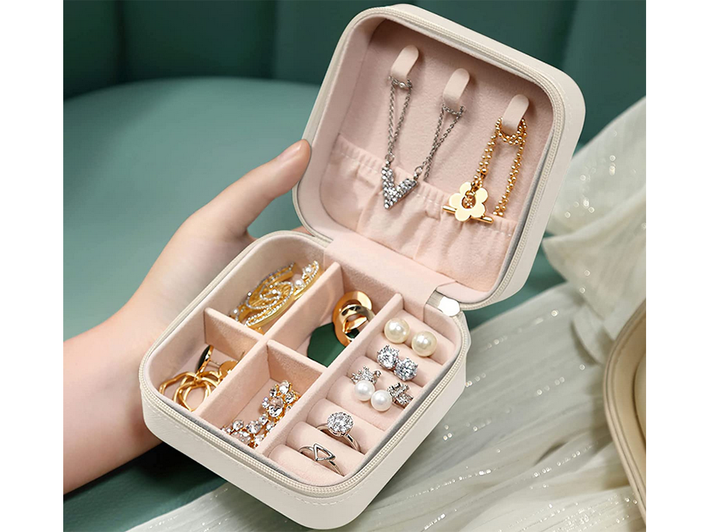 Jewelry Case Display Box Storage Organizer On Zipper, White
