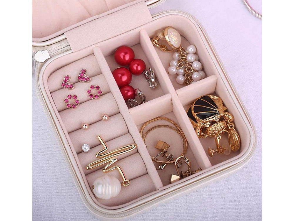 Jewelry Case Display Box Storage Organizer On Zipper, White