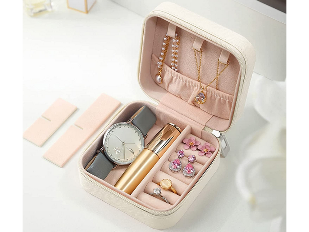 Jewelry Case Display Box Storage Organizer On Zipper, White