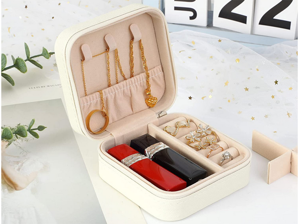 Jewelry Case Display Box Storage Organizer On Zipper, White