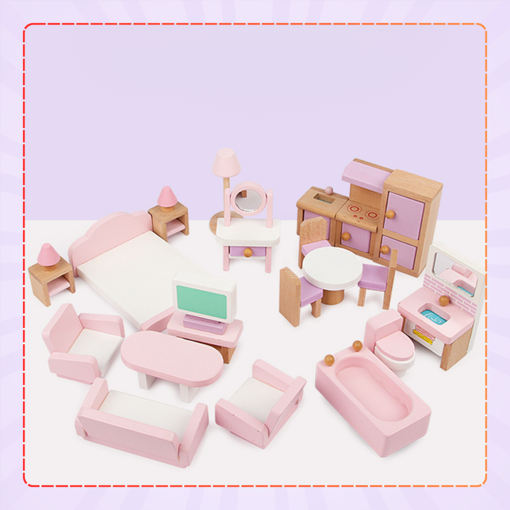 Wooden Dollhouse Furniture, Set of 22 Elements