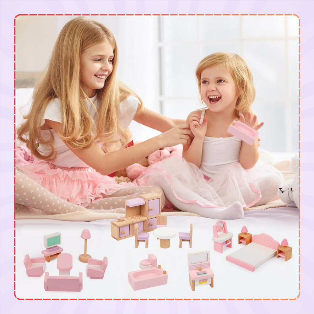 Wooden Dollhouse Furniture, Set of 22 Elements