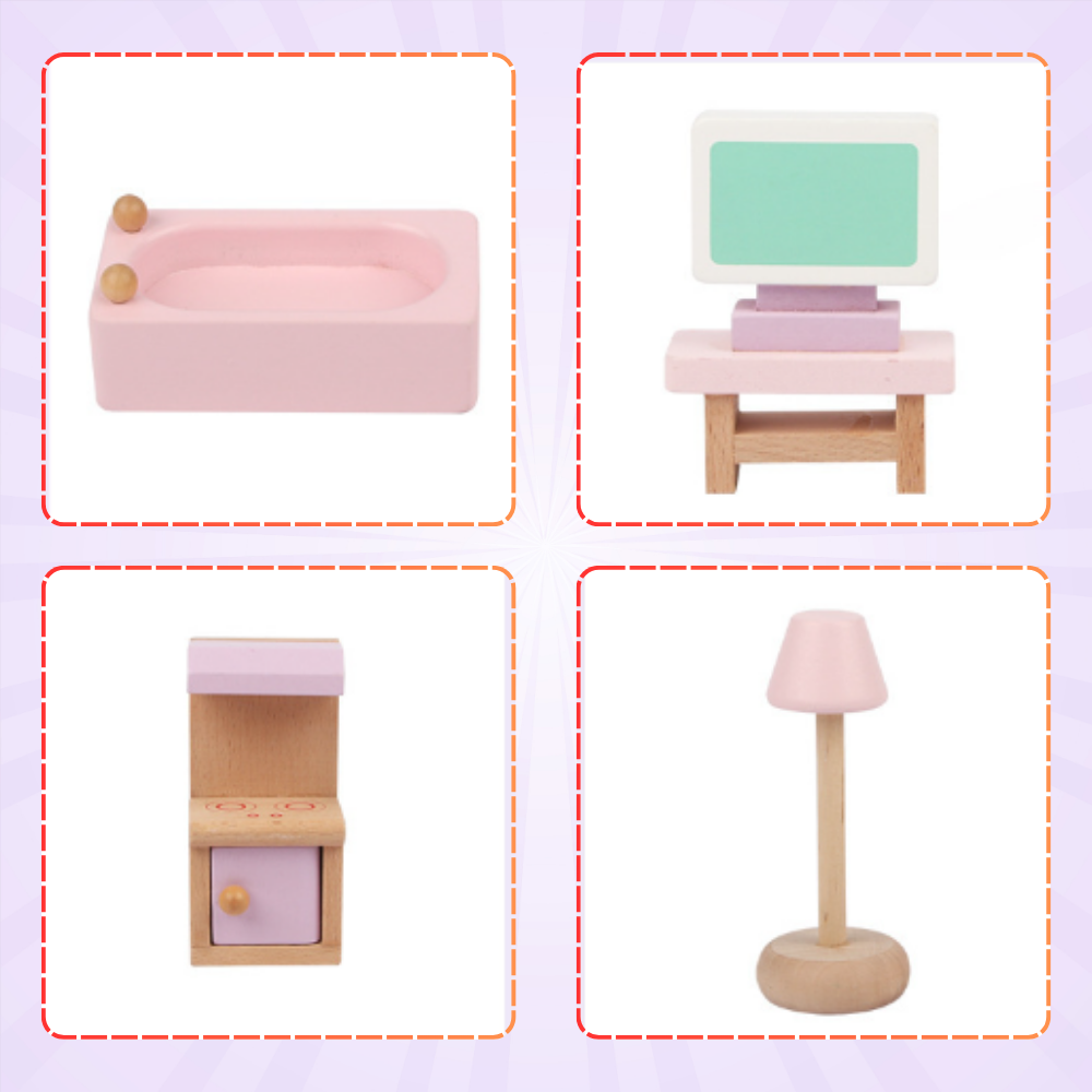 Wooden Dollhouse Furniture, Set of 22 Elements