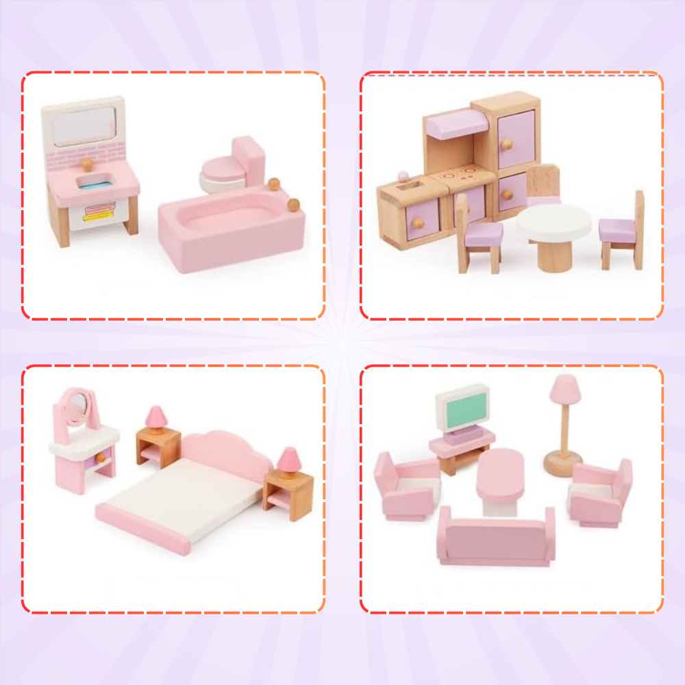 Wooden Dollhouse Furniture, Set of 22 Elements