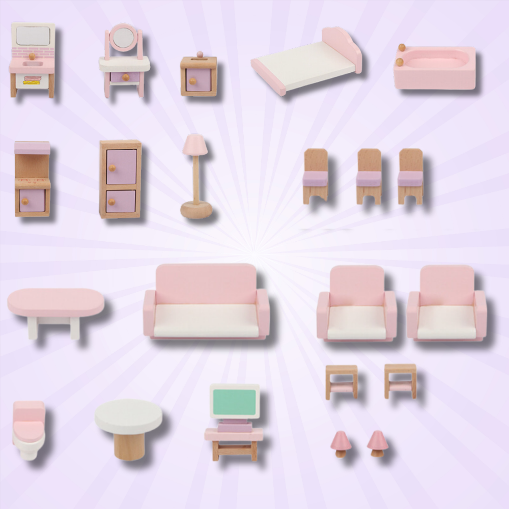 Wooden Dollhouse Furniture, Set of 22 Elements