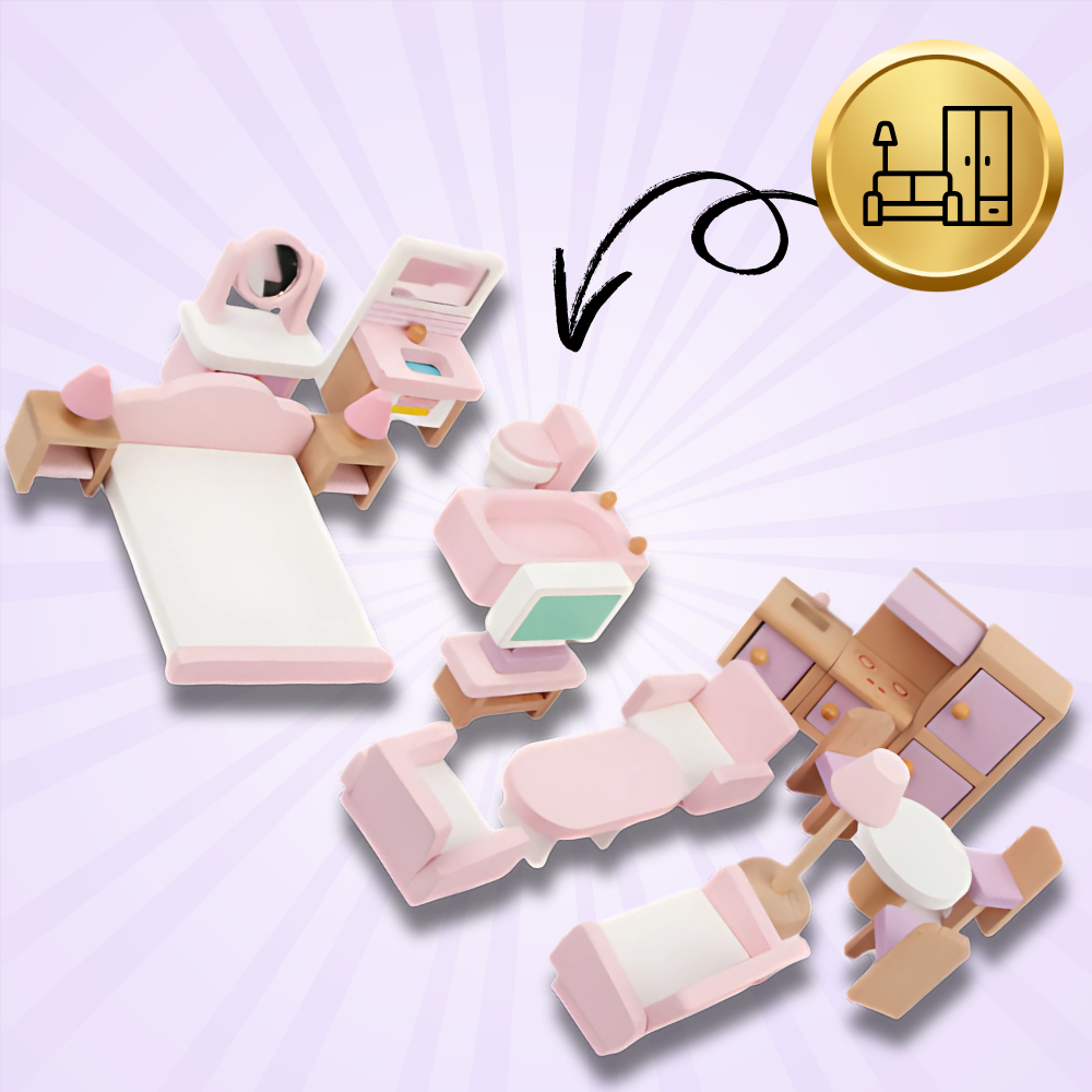 Wooden Dollhouse Furniture, Set of 22 Elements