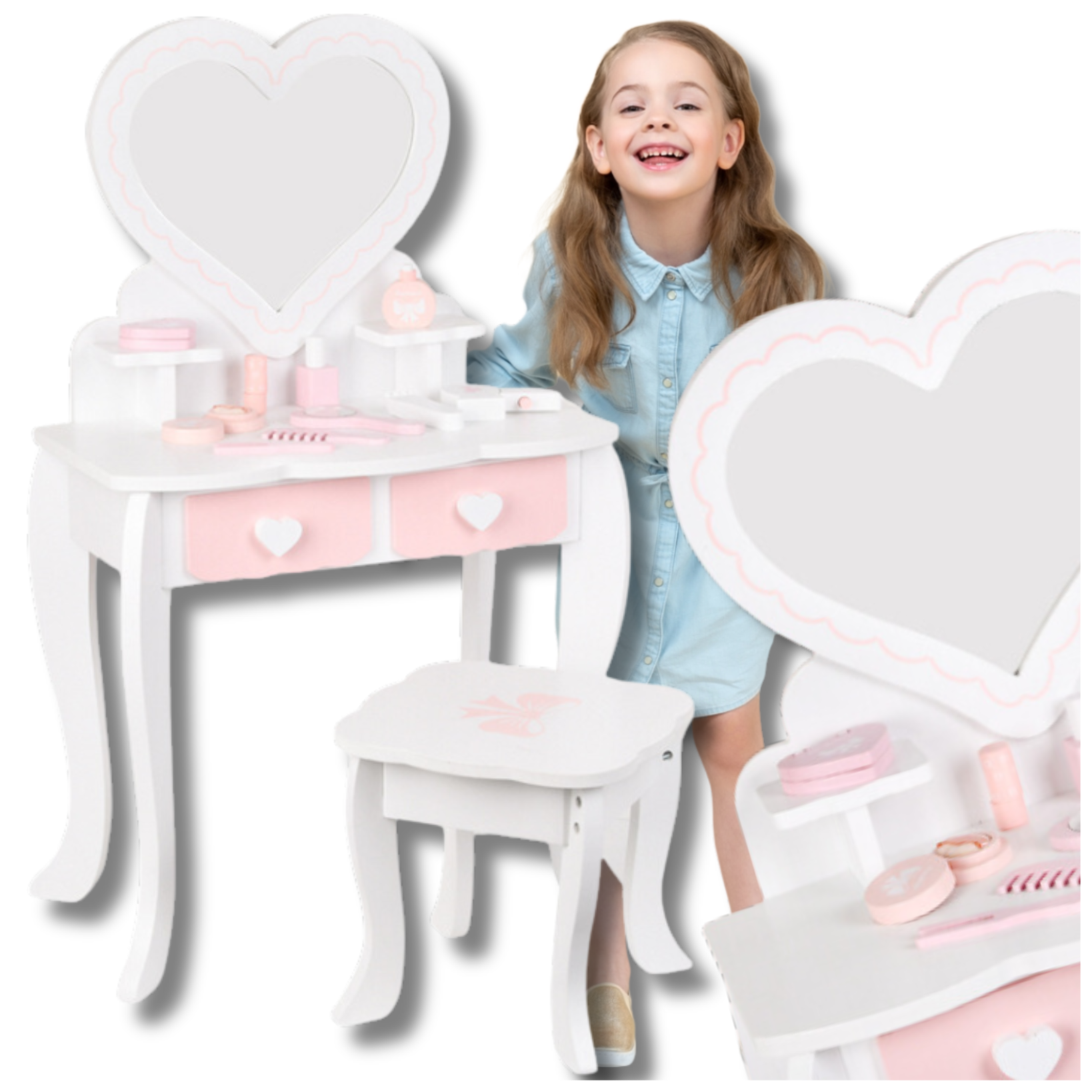 Meiteņu Rotaļu Koka Tualetes Kosmētikas Galdiņš ar Aksesuāriem | Kids Makeup Cosmetic Dressing Table