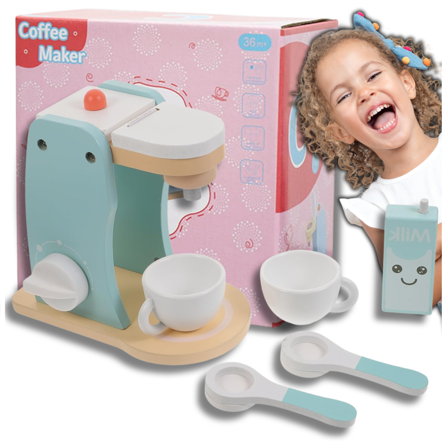 Kids Play Wooden Coffee Machine with Accessories Toy Coffee Maker