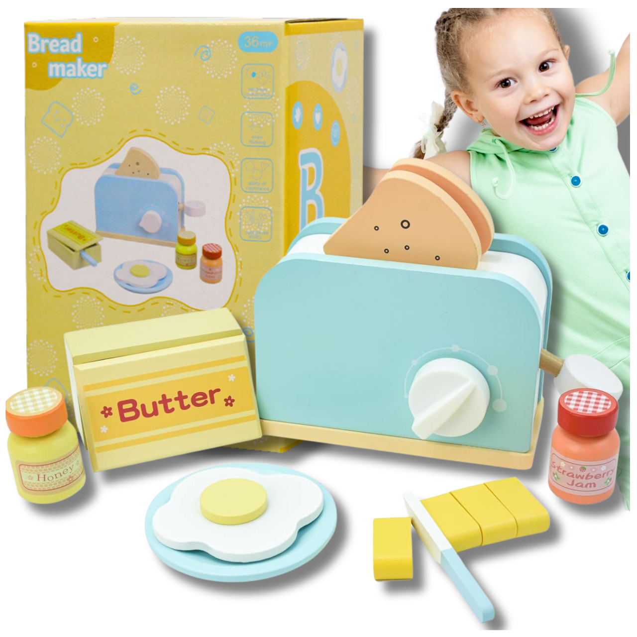 Kids Wooden Toaster Toy Breakfast Set