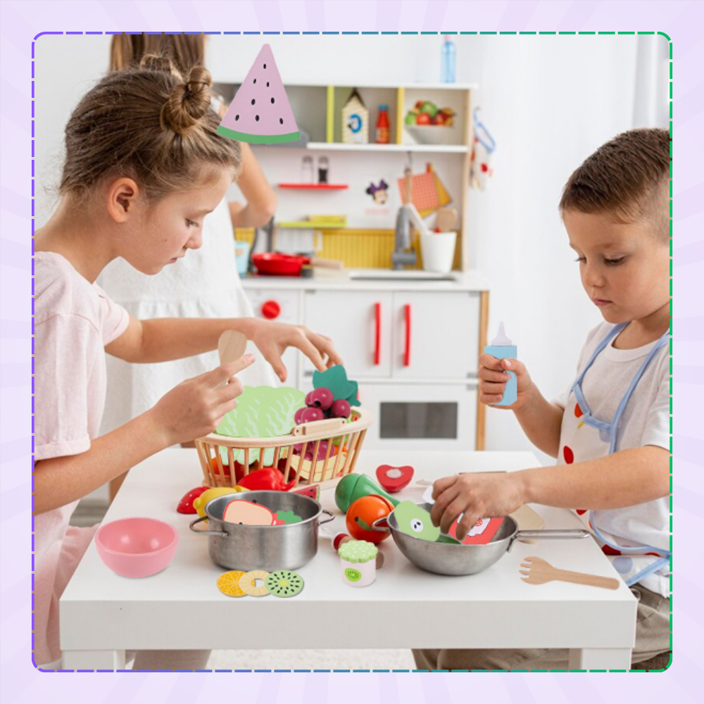 Bakalu Wooden Fruit Set for Kids with Bowl and Utensils