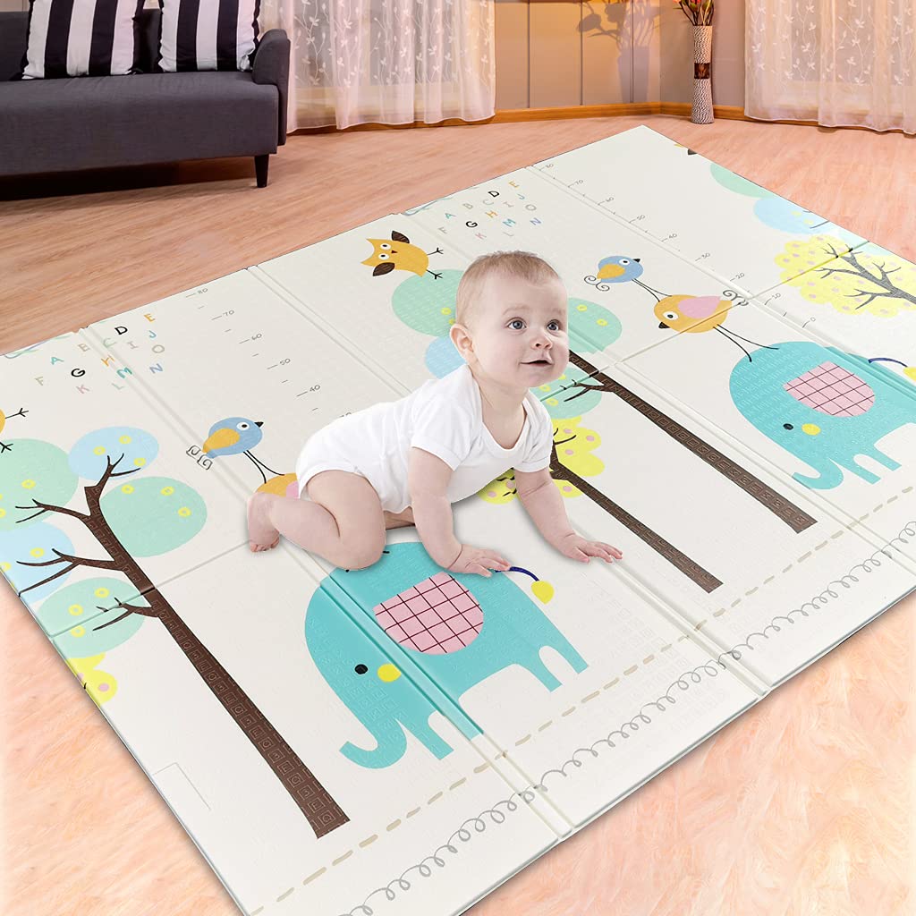 Double-sided Foldable Foam Play Mat Pad Rug for Kids, Alphabet/Forest Animals, 198x179cm