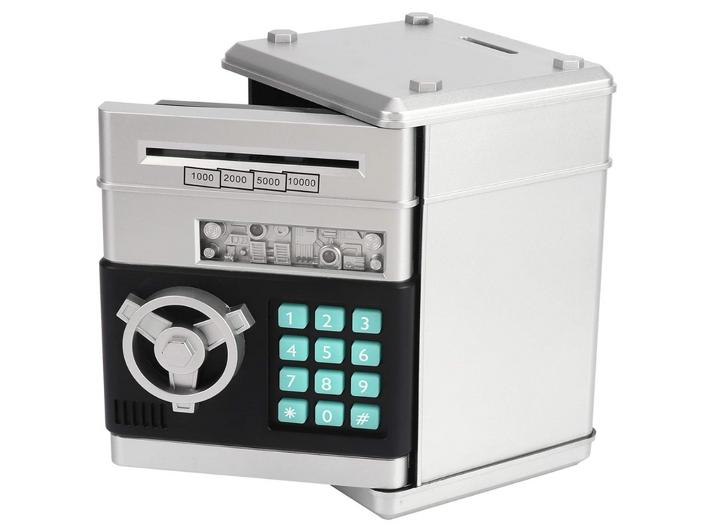 Piggy Bank Toy Box for Money with Fingerprint and Password, Silver