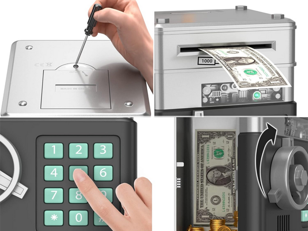 Piggy Bank Toy Box for Money with Fingerprint and Password, Silver