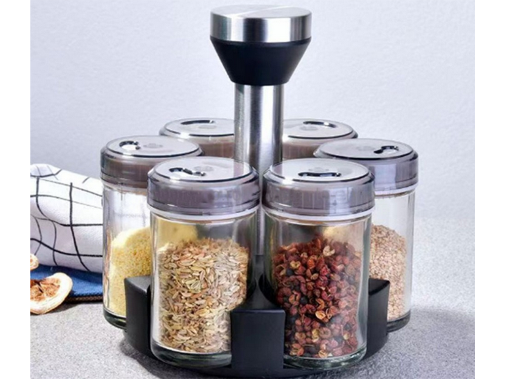 Rotating Spice Rack Organizer with 6 Glass Jars