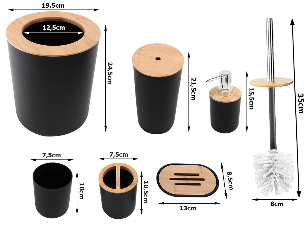 6-in-1 Bathroom Accessories Set, Matte Black/Bamboo