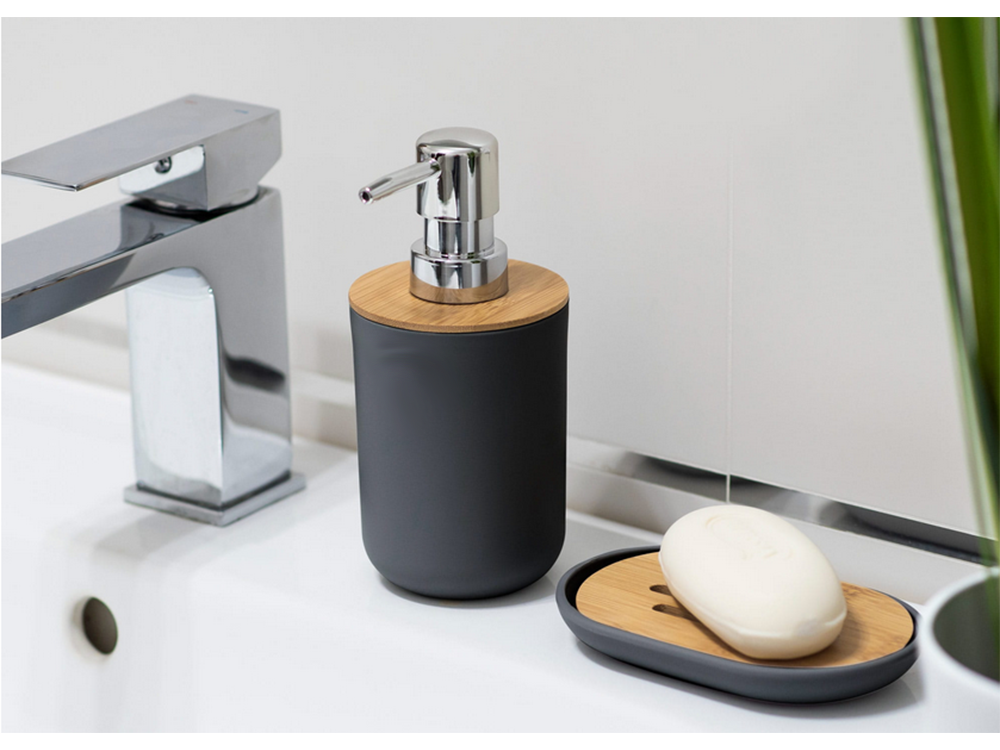 6-in-1 Bathroom Accessories Set, Matte Black/Bamboo