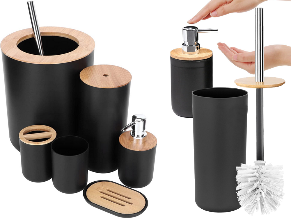 6-in-1 Bathroom Accessories Set, Matte Black/Bamboo