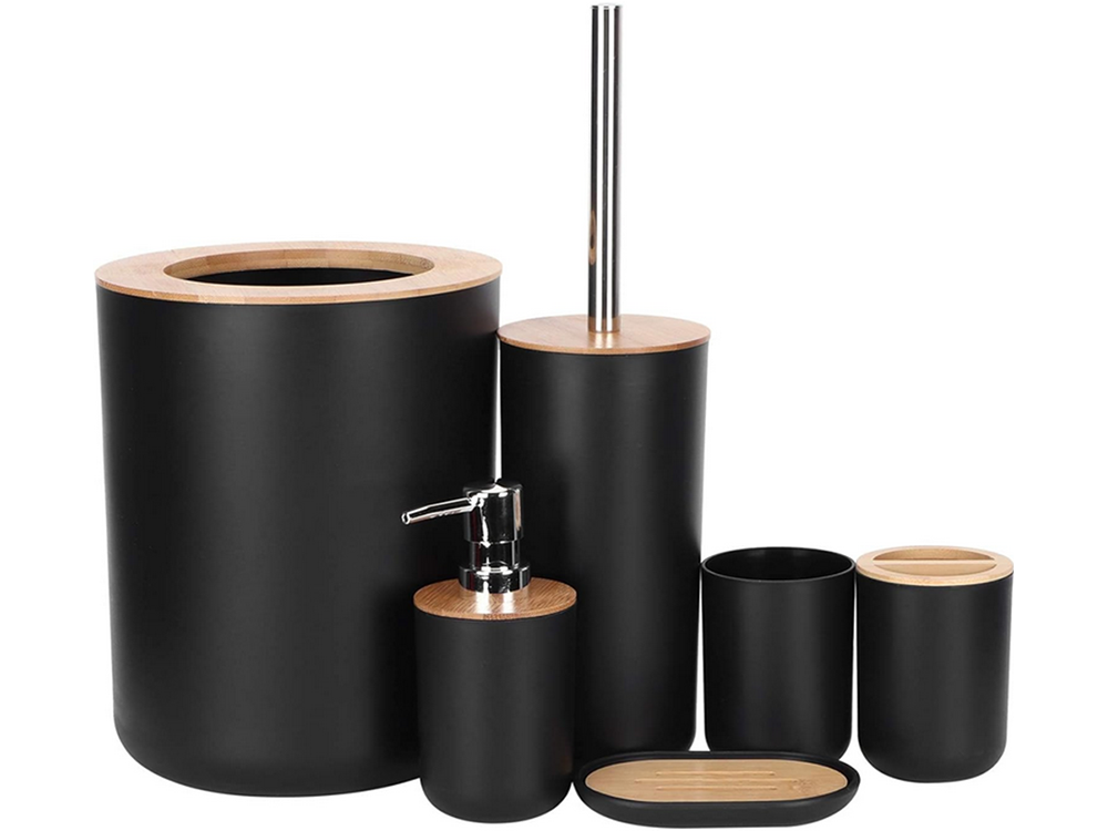 6-in-1 Bathroom Accessories Set, Matte Black/Bamboo