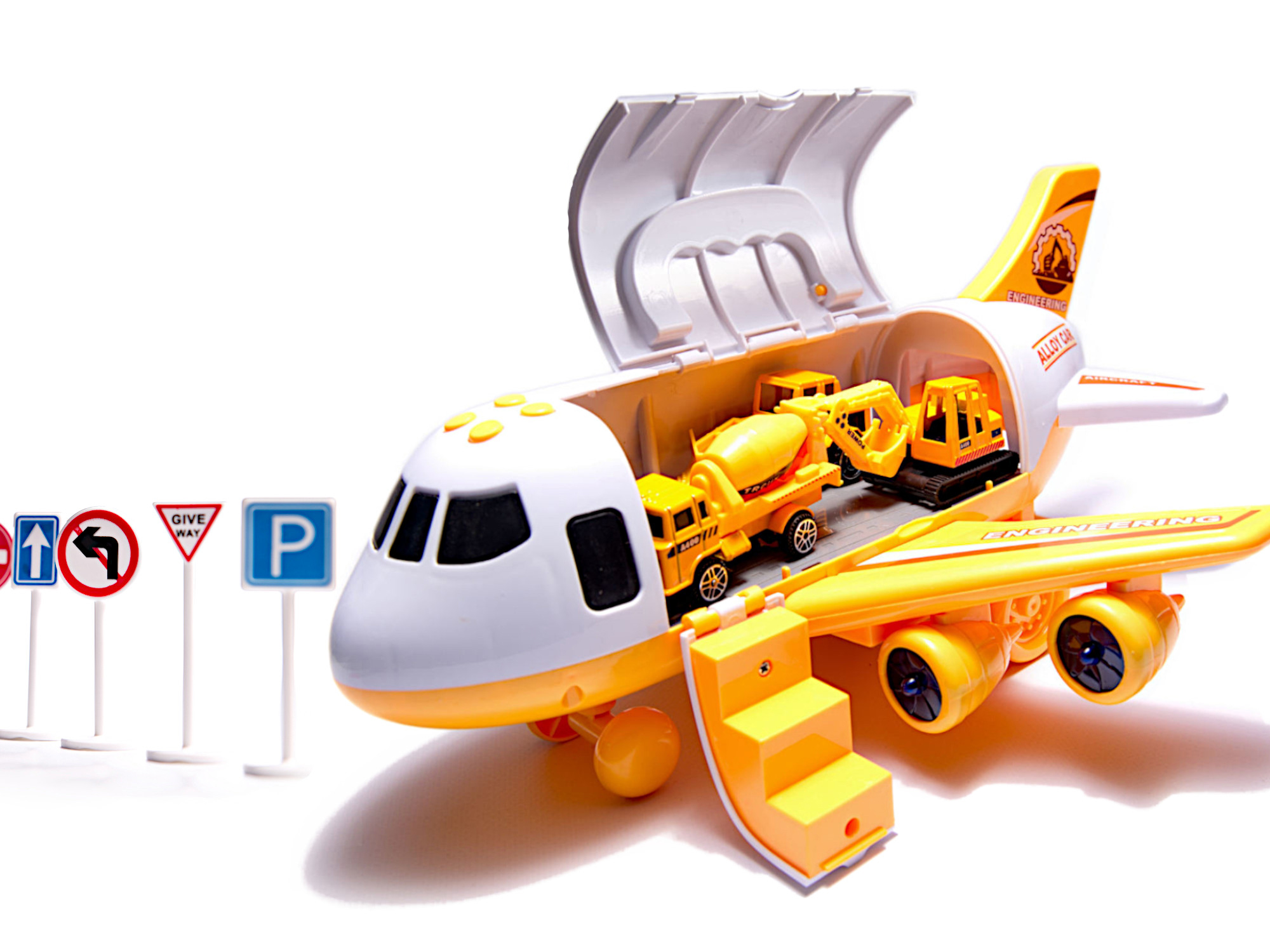 Kids Toy Transport Cargo Transporter Aircraft Airplane + 3 Construction Vehicles