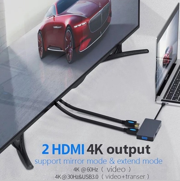 Adapter USB Type-C - 2x HDMI, 1x VGA, 1x USB Type-A, 1x USB Type-C PD60W (1)